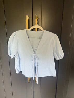 Light Blue Gingham Tie-Front Women's Top & Short Set